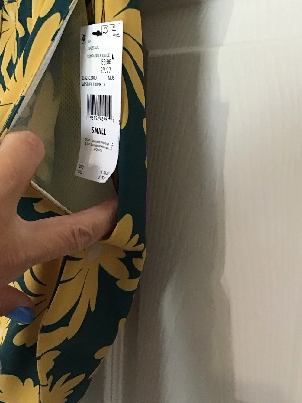 RVCA Men's Dark Green Swim Trunks with Yellow Floral Print